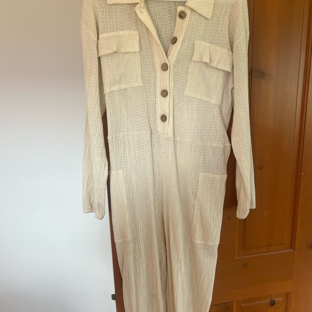 Free People Cream Button-Down Jumpsuit